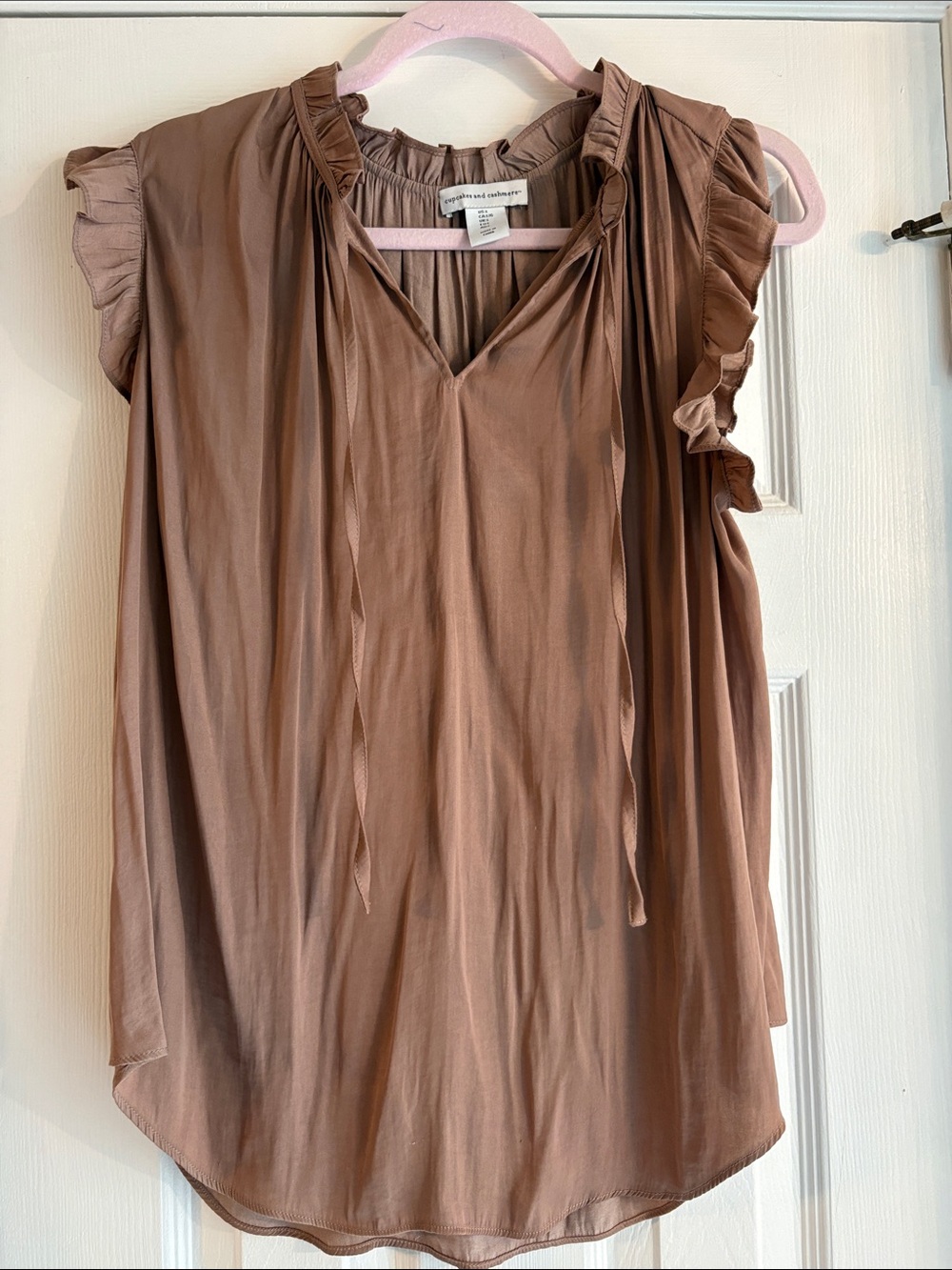cupcakes & cashmere Dusty Mauve Tie-Neck Ruffle Sleeve Blouse